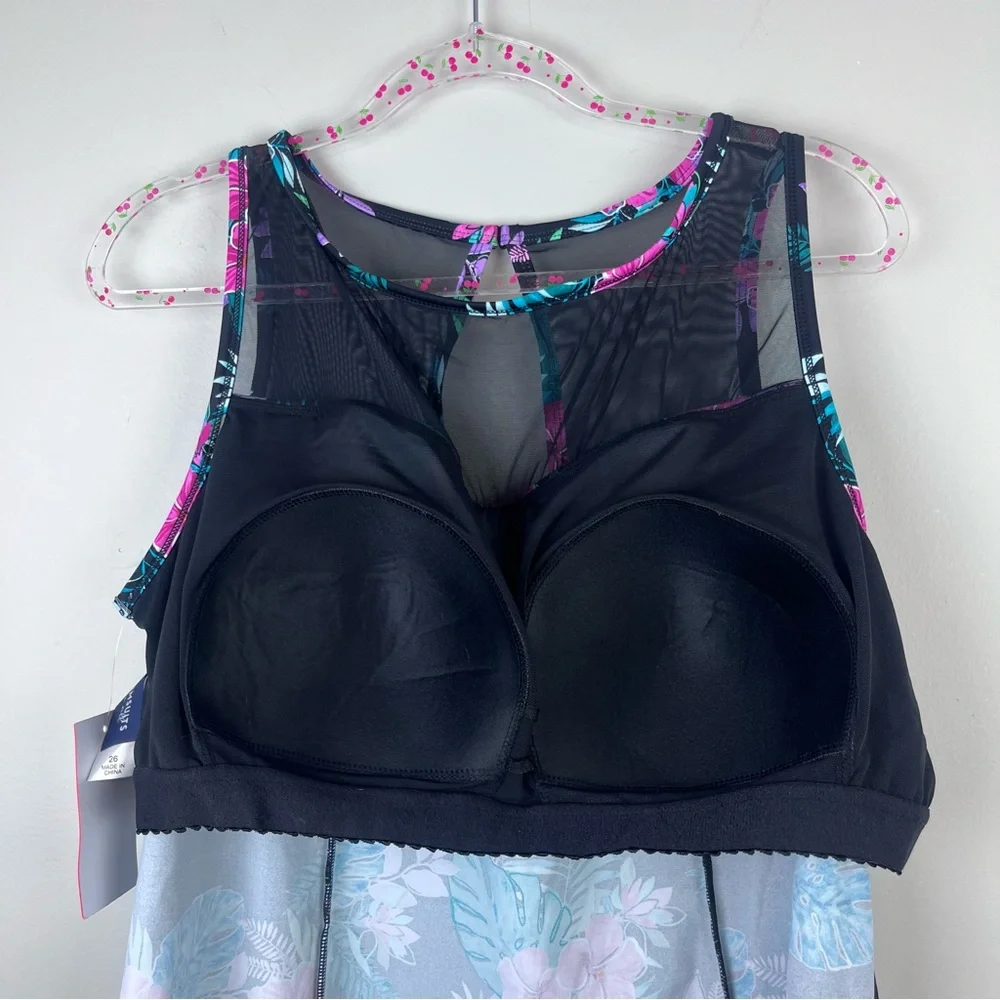 Tropical Floral Mesh-Trim Swim Coverup in Black & Pink